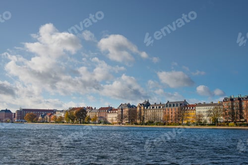 Preview: View of houses on distant lake waterfront, Copenhagen, Zealand, Denmark