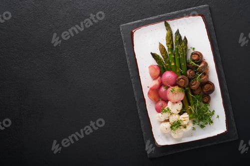 Preview: Asparagus, mushrooms, mozzarella cheese, grilled radish and cress salad, oil olive salad on rectangu