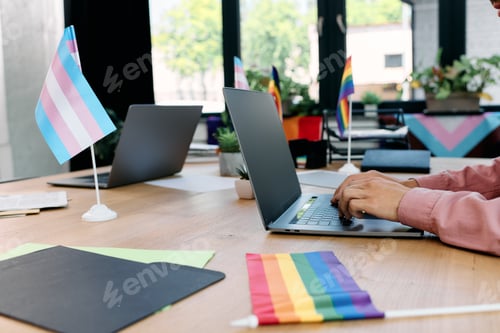 Preview: Celebrating love and pride in a vibrant workspace with a stylish gay couple engaging in creativity