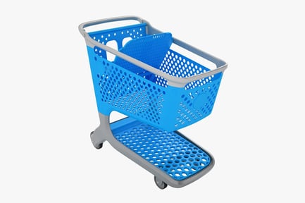 Visualização: Carrinho de compras de plástico azul com rolos