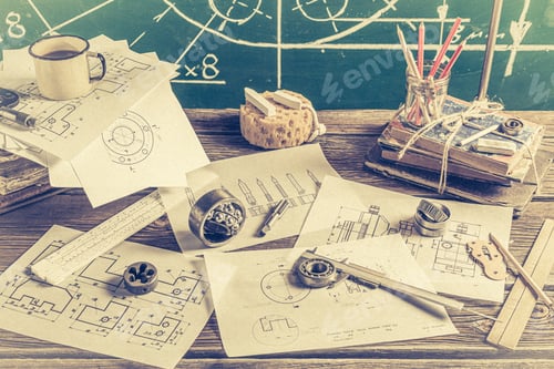 Preview: Mechanical Laboratory in School on green chalkboard background