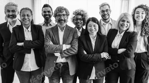 Preview: Multi generational workers smiling in front of camera inside business office