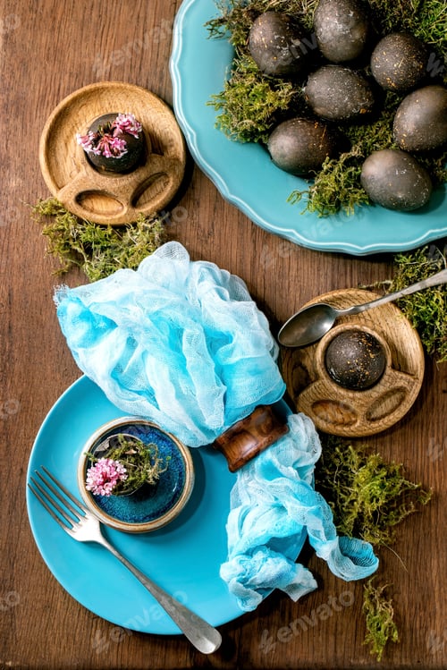 Preview: Easter table setting with empty turquoise ceramic tableware