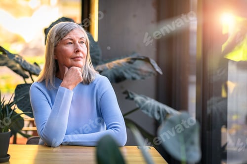 Preview: Thoughtful mature woman enjoying peaceful moment by window light