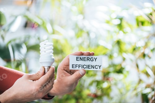 Preview: cropped view of man holding fluorescent lamp and card with lettering, energy efficiency concept