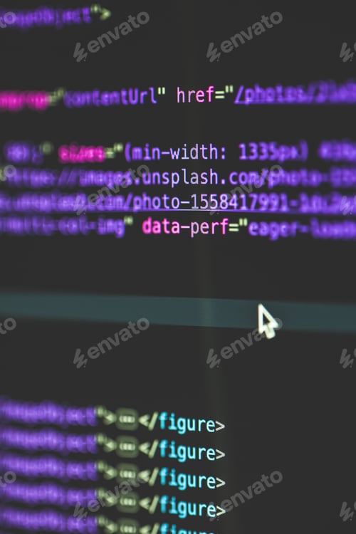 Preview: Vertical selective closeup shot of data codes on a computer monitor screen