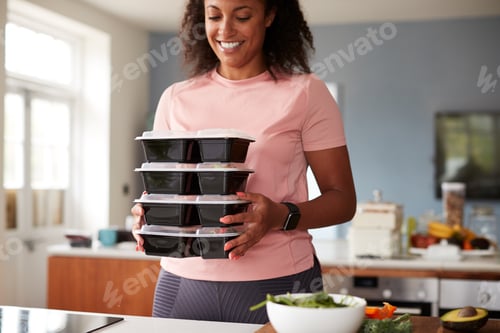 Preview: Woman Preparing Batch Of Healthy Meals At Home In Kitchen