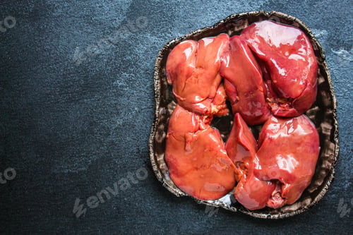 Preview: Raw Chicken Liver (Healthy Eating) Keto Or Paleo Diet Menu Concept Background. Top View. Copy