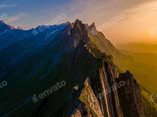 Preview: Schaeffler mountain ridge swiss Alpstein, Appenzell Switzerland, a ridge of the majestic Schaeffler