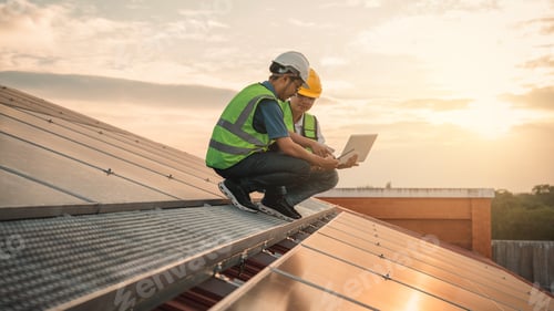 Preview: Service engineer checking solar cell on the roof for maintenance if there is a damaged part.