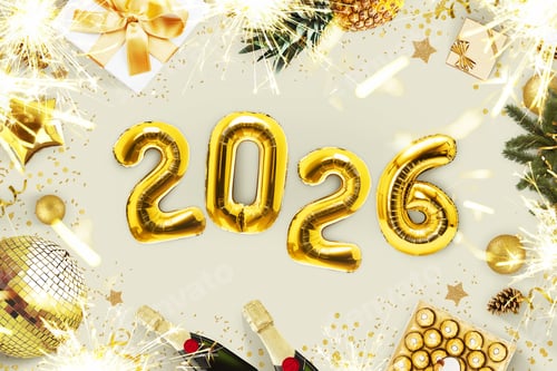 Visualização: Ano Novo 2026, ideia criativa. Balões dourados 2026 estão sobre uma mesa de concreto bege
com lareiras