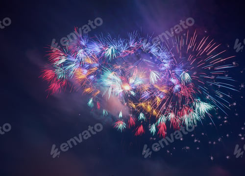 Preview: Colorful beautiful fireworks salute against the dark night sky. Abstract pattern of salute