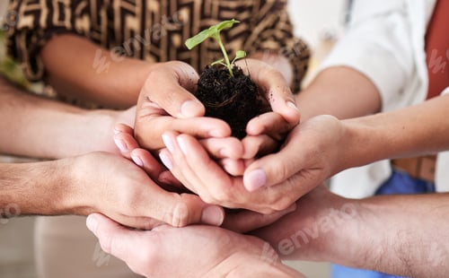 Preview: Green economy, sustainability plant hands and global growth of teamwork with hope, help and trust f