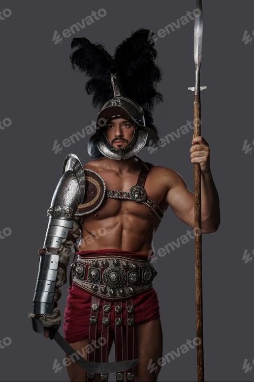 Preview: Gladiator in lightweight historical armor against grey studio background