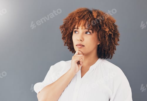 Preview: Thinking, idea and black woman isolated on gray background scholarship, education or university dec