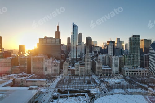 Preview: View of Chicago at night, showcasing the illuminated skyline of the city's towering skyscrapers