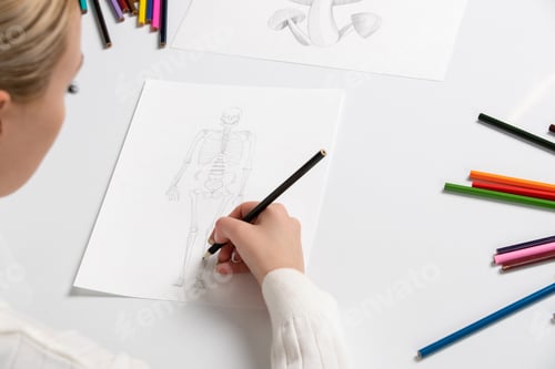 Preview: Drawing a young girl hand drawing a skeleton with black pencil