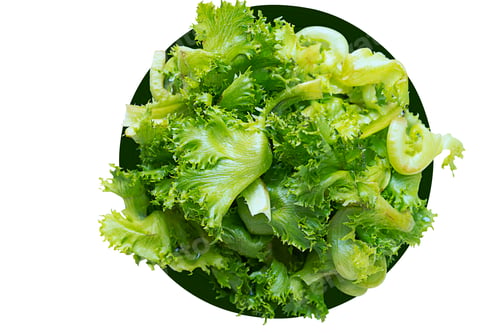 Preview: Green lettuce leaves in a black bowl cut out on white background