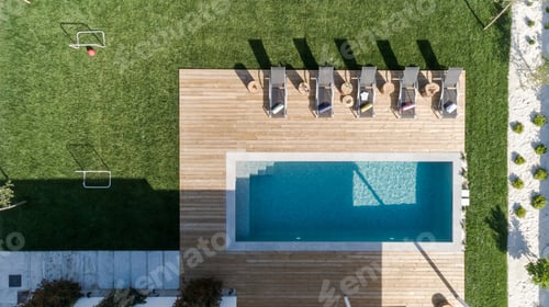 Preview: Modern house with garden swimming pool and wooden deck