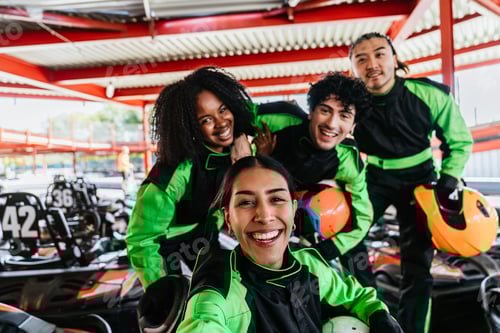 Preview: Diverse friends preparing for go karting race