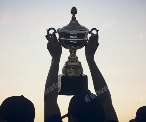 Preview: Sunset, trophy in hands and silhouette and team with sports, athlete group and people outdoor with