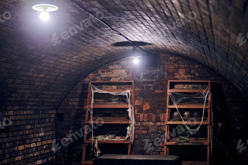 Preview: Old abandoned basement with shelving covered spider web, gloomy cold basement with creepy atmosphere
