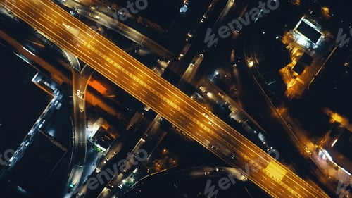 Preview: Top down of traffic road lit by lanterns at night illuminate aerial view. Metropolis cityscape