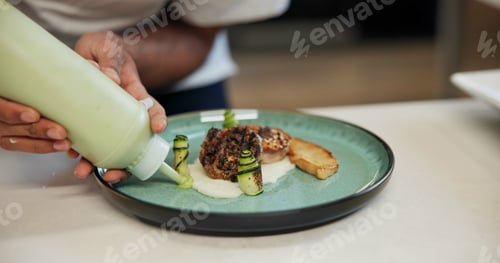 Preview: Hands, food or presentation of dish for fine dining, cooking school or luxury restaurant. Person, h