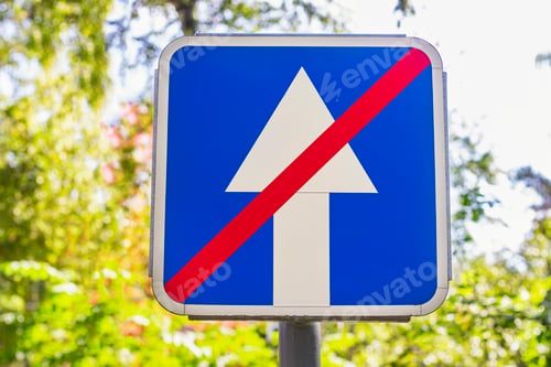 Preview: Blue square,white arrow crossed by red line sign end of one way traffic. Business, medicine concept