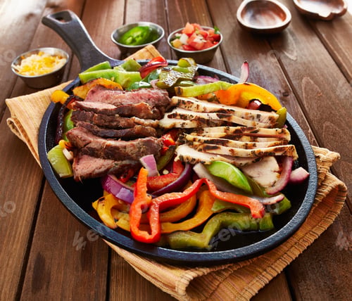 Preview: chicken and steak mexican fajitas in iron skillet