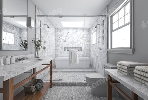 Preview: 3d rendering modern minimal bathroom with scandinavian decor and nice nature view from window