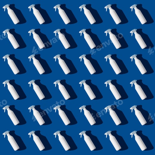 Preview: Blank cleaning spray bottle on bluebackground pattern. Flat lay, top view.