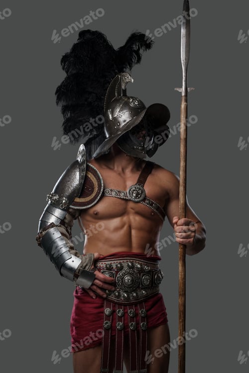 Preview: Glorious gladiator spearman with helmet against grey background
