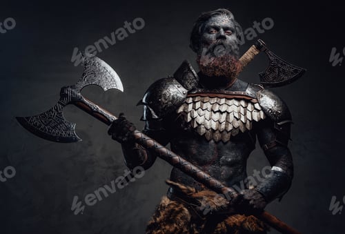 Preview: Proud and evil barbarian with two axes posing in dark background