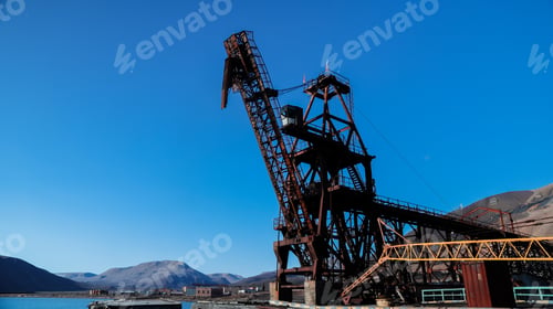 Preview: Industrial remnants of Pyramiden in Svalbard under clear blue sky during daytime