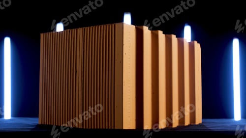 Preview: Isolated pile of red ceramic blocks standing in front of neon lamps in the dark room. Stock footage