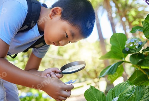 Preview: Exploring. Shot of a young boy using a magnifying glass outside.