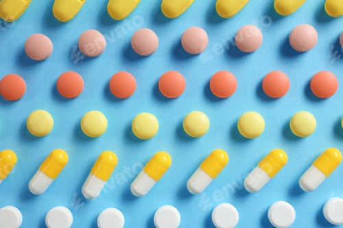Preview: Different bright pills on color background, flat lay