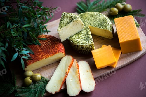 Preview: Wooden board with tasty cheese and green olives on dark background