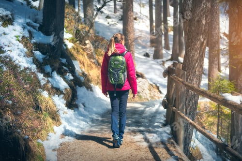 Preview: Young woman with backpack is walking in forest at sunny day