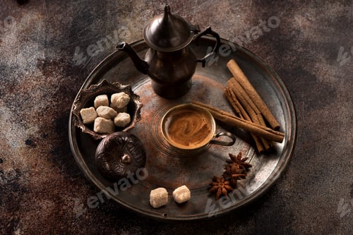 Preview: Cup coffee and spices on a dark old background. Coffee east on copper tray.