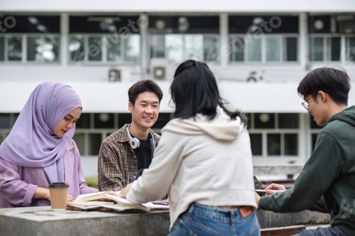 Preview: A multiracial group of students at the college, including Muslim and Asian students, sat on benches