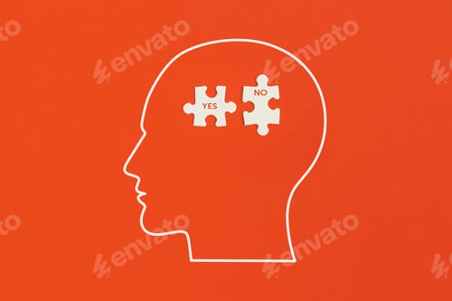 Preview: Human head with puzzle on red background.