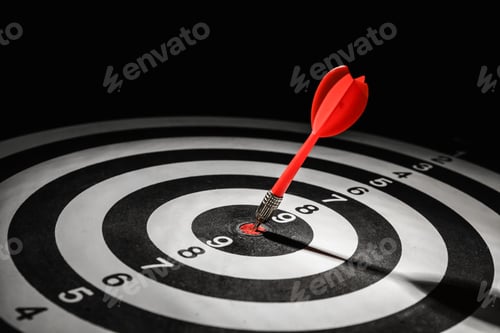 Preview: Red arrow hitting target on dart board against black background