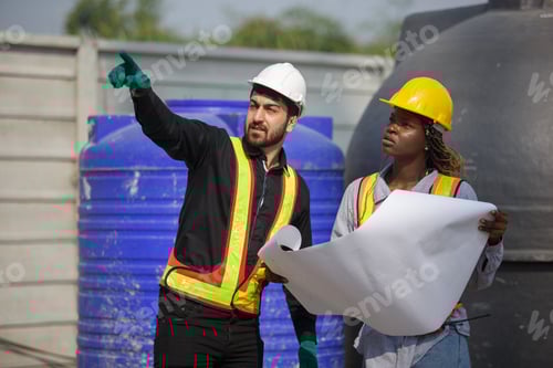 Preview: Construction civil engineer man and woman African American checking quality