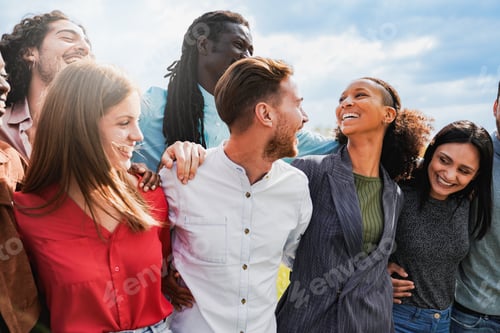 Preview: Diverse group of friends having fun smiling outdoor in summer day. People celebrate holiday vacation