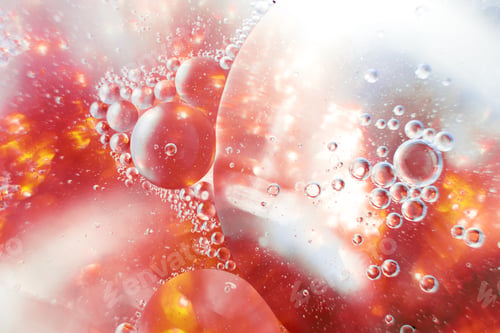 Preview: Oil bubbles close up. circles of water macro. abstract orange and fiery red background