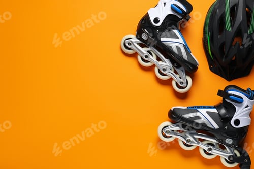 Preview: Pair of roller skates and helmet on orange background, top view. Space for text