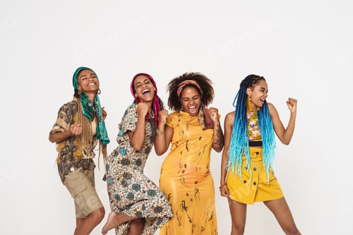 Preview: Young black four women screaming while making winner gesture