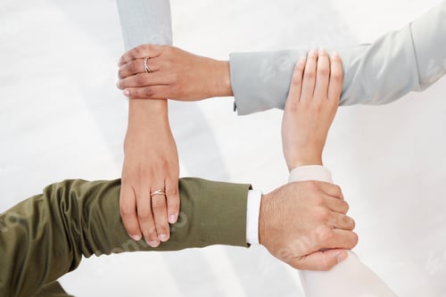 Preview: Business people, hands together and unity in teamwork, collaboration or meeting for community trust
